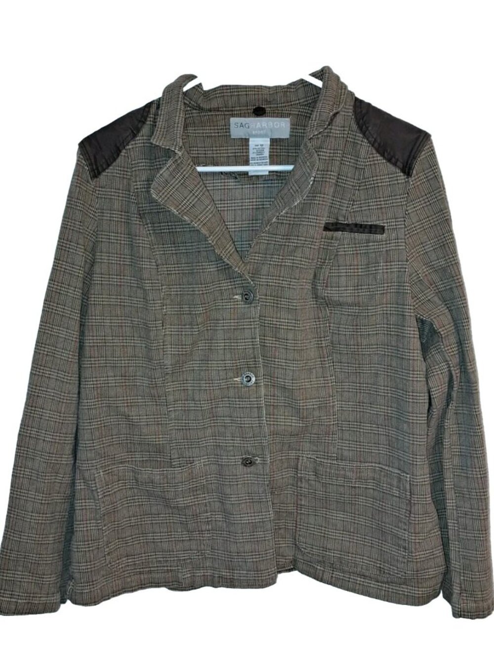 Sag Harbor Women’s  Size 12 Brown Suit Jacket Blazer Plaid Elbow Patch ACADEMIA